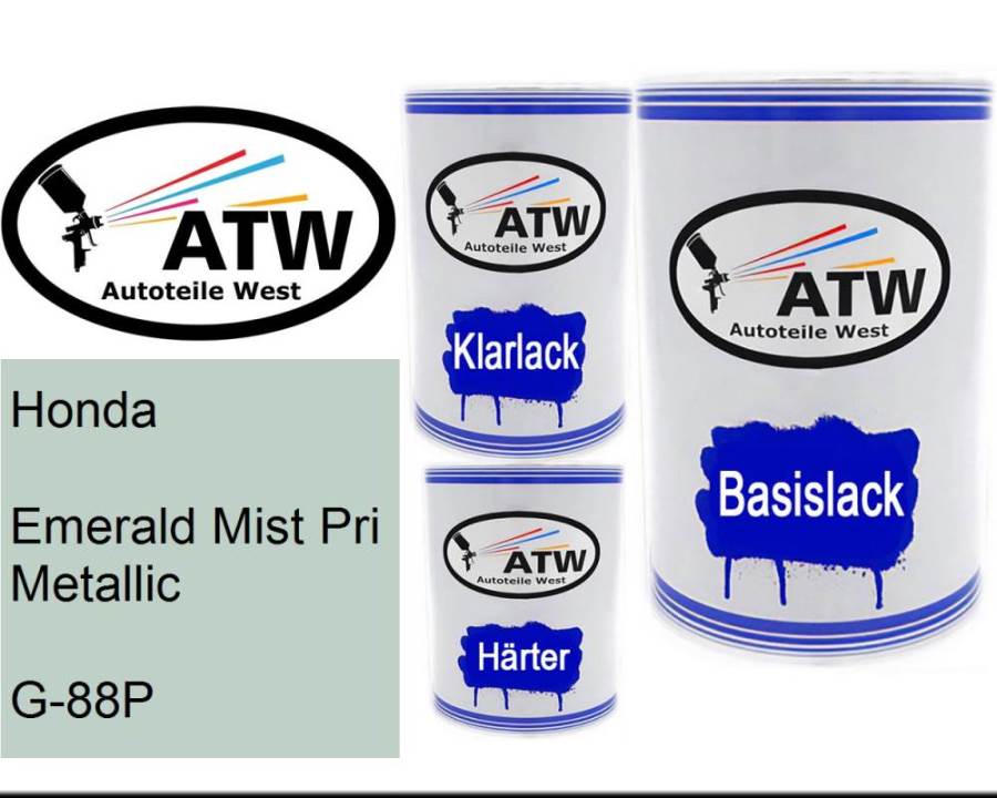 Honda, Emerald Mist Pri Metallic, G-88P: 500ml Lackdose + 500ml Klarlack + 250ml Härter - Set, von ATW Autoteile West.